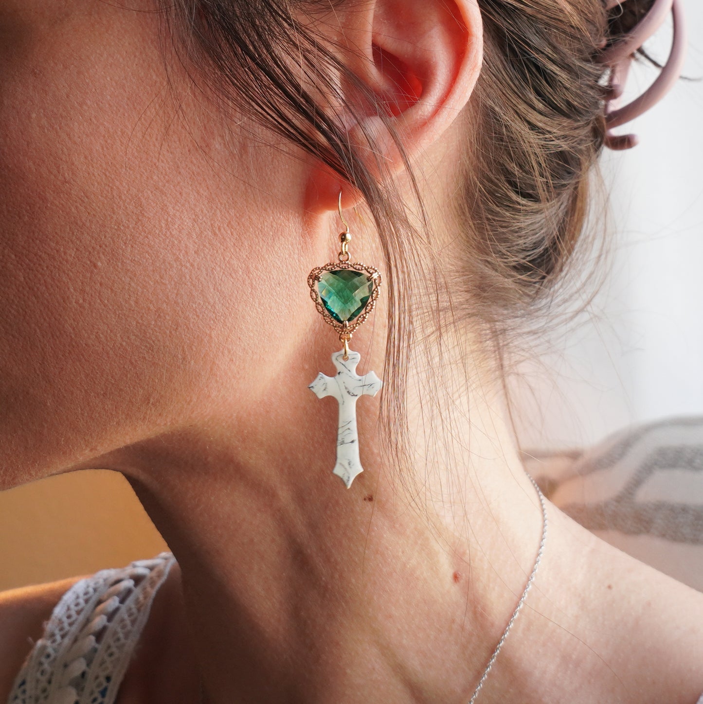 Gothic Ivory Marble Cross Earrings with Emerald Crystal