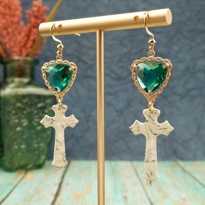 Gothic Ivory Marble Cross Earrings with Emerald Crystal